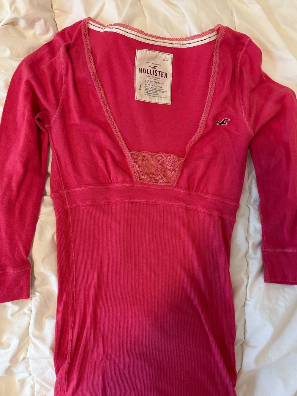 Vintage Hollister Deep V Lace-Trim Long Sleeve Top - Raspberry Pink